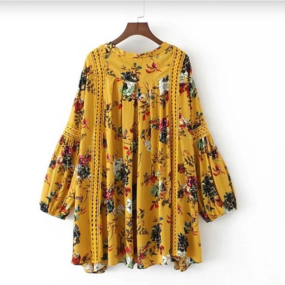 Yellow Boho Crochet Floral Long Sleeve Dress Top - Picture 6 of 7